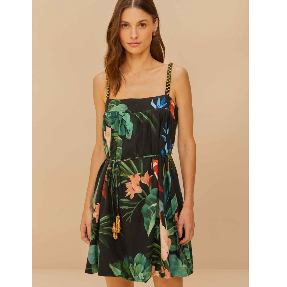 FARM Rio Midnight Macaw Linen Blend Mini Dress Size Small NWT